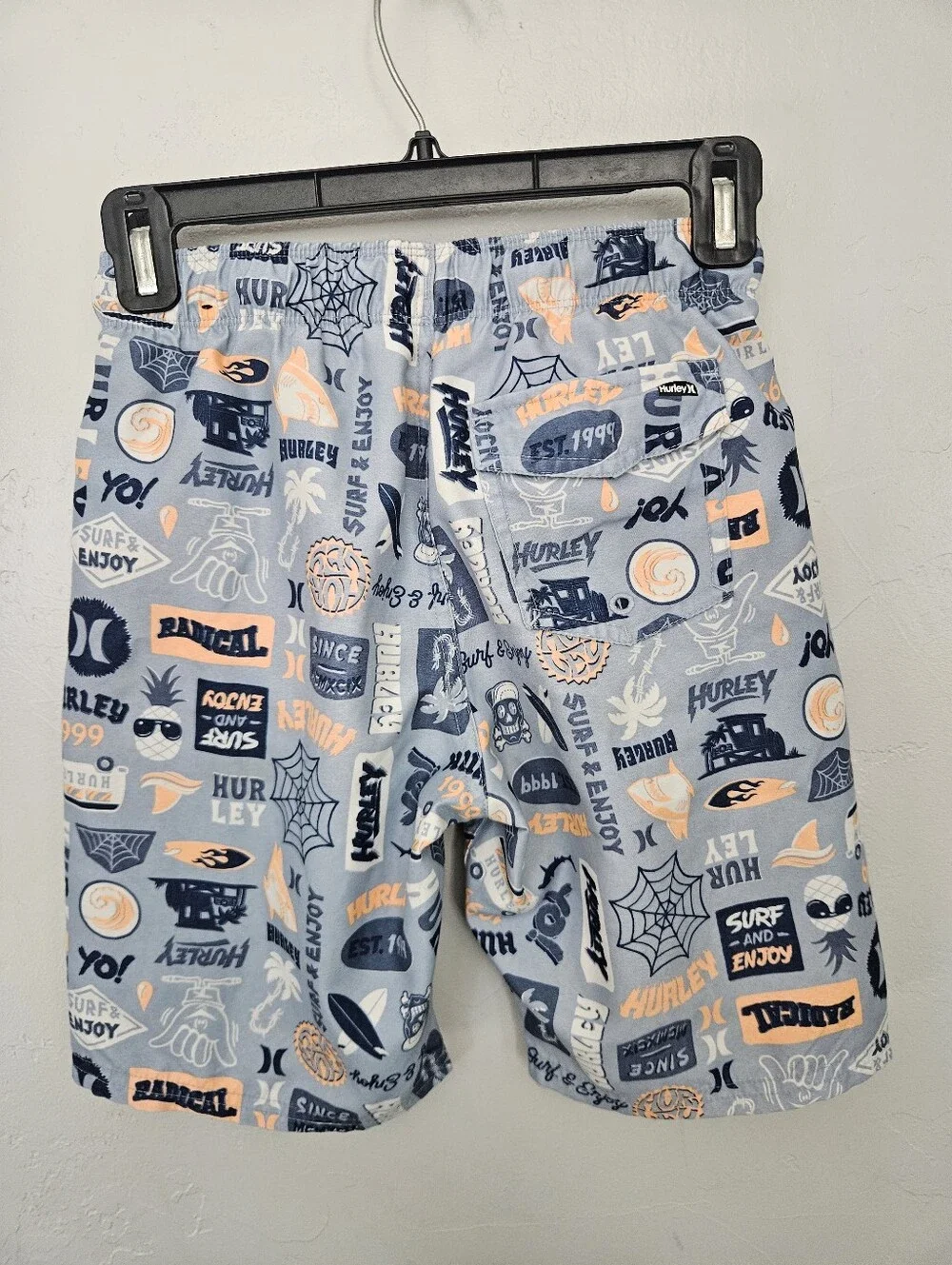 Hurley Light Blue Orange Graphic Surf Print Swim Trunks Boys Medium Swimming